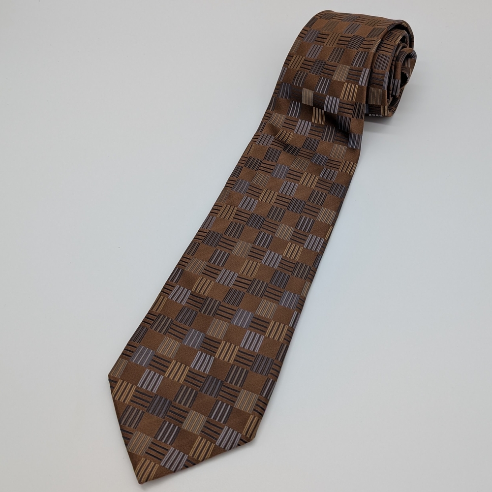 Paul Dione 100% Silk Elegant Brown and Gray Checkered Men's Tie